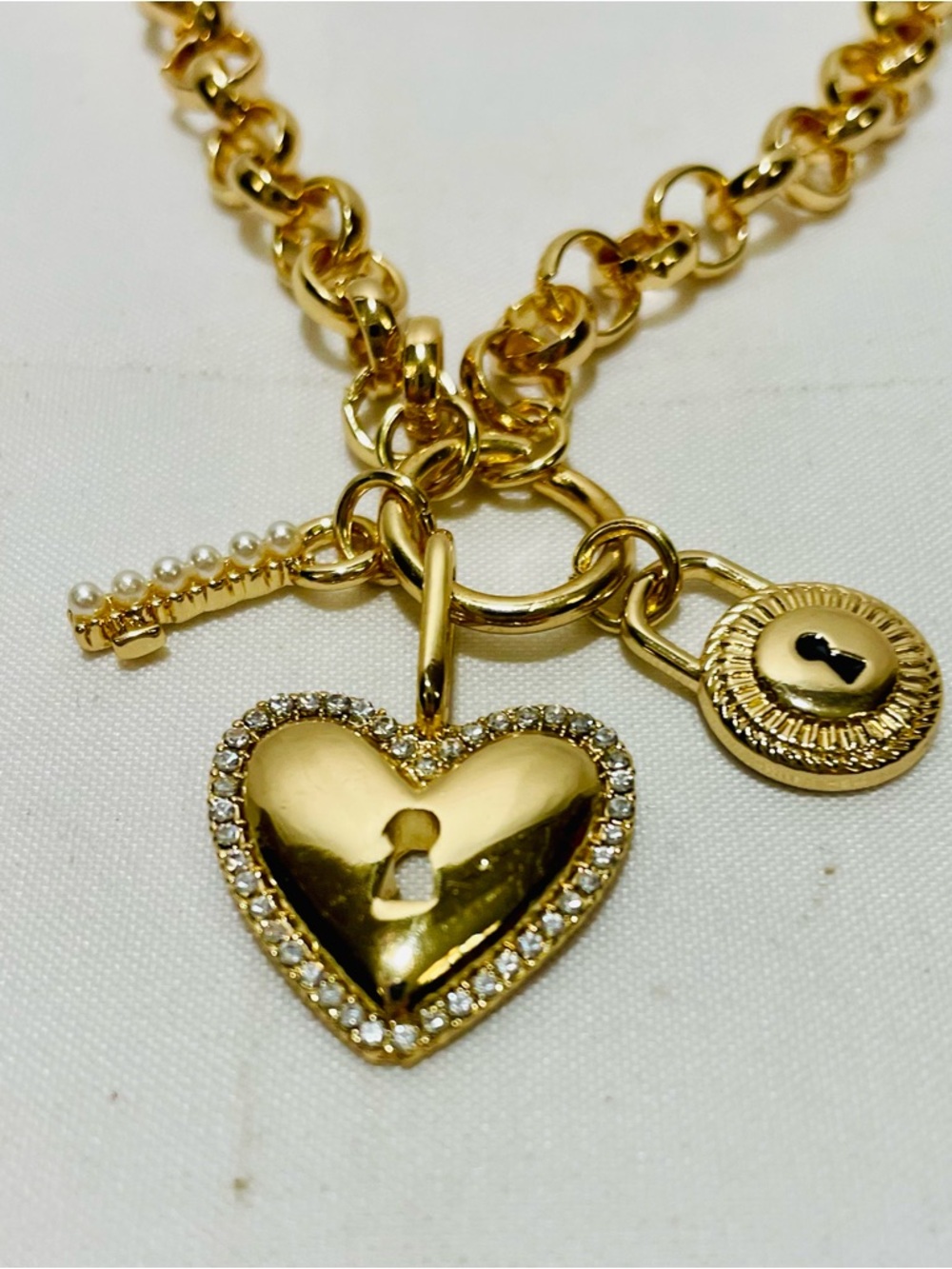Sugarfix Gold Heart Embellished Necklace with Key & Coin Charms